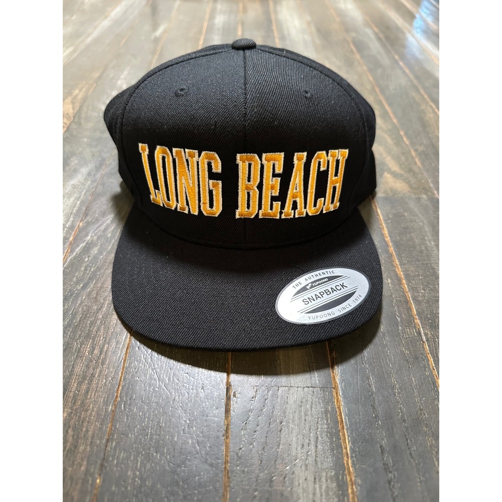 Yupoong The Classics Long Beach Snapback Hat Black Gold Embroidered Flat Bill